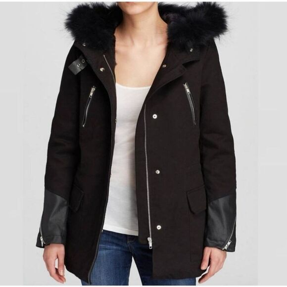Maje Black Wool Faux Fur Hooded Gaferty Coat Size 1 Small - Picture 1 of 9